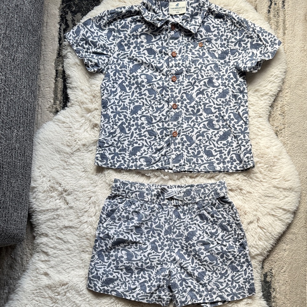 Caribbean Joe 4T Blue & White Patterned Shirt & Shorts Set